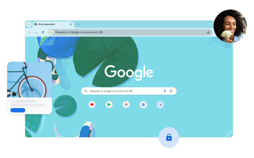 O fundo da página da Pesquisa Google tem uma ilustração azul de peixes num lago de carpas. Existe a foto de uma mulher num canto.
