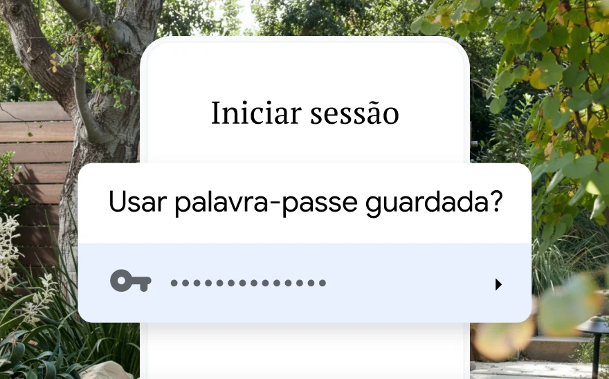 Uma página de início de sessão para uma reserva de viagem pede para usar uma palavra-passe guardada. No fundo, está uma paisagem de natureza.