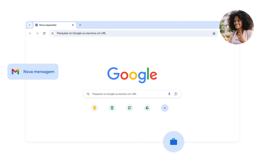 O fundo da página da Pesquisa Google é branco. Existe a foto de uma mulher num canto.