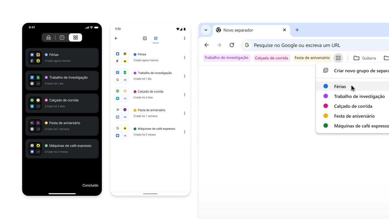 Grupos de separadores em dispositivos iOS, Android e computadores